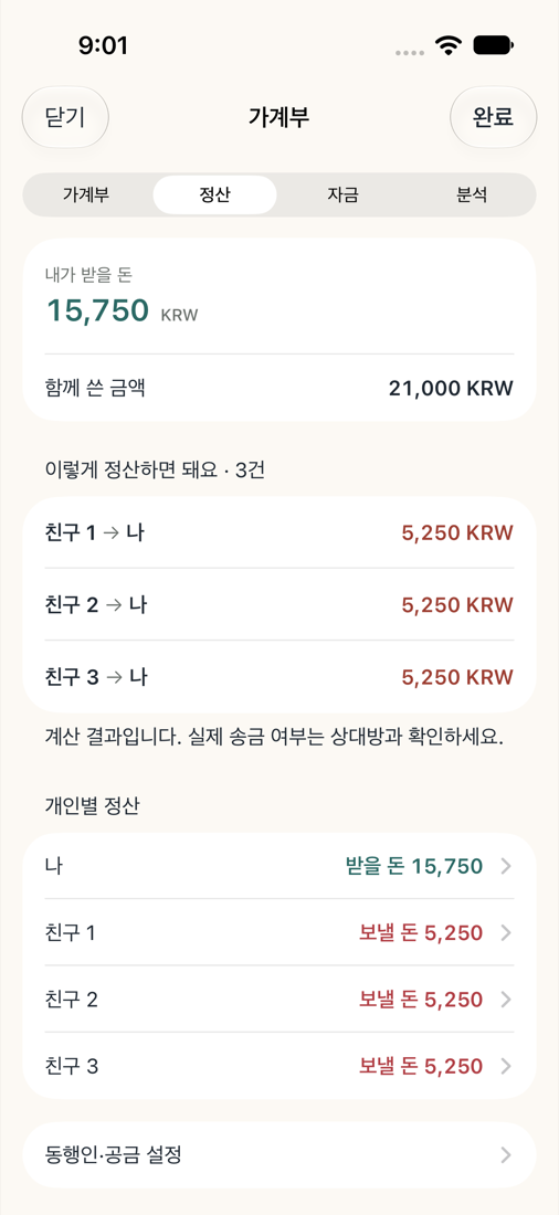 Bokki Trip group settlement screen with fictional companions and test amounts